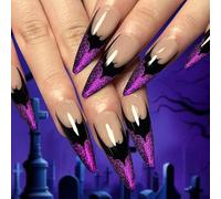 24 Piezas Halloween Uñas Postizas Francesa Largas Almendra, Púrpura Puntas Acrílico Uñas Falsas con Diseño de Murciélago, Brillantes Press on Nails Acrílico Uñas a Presión para Mujeres Niñas