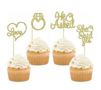 24 Piezas He Asked She Said Yes Anillo de Diamantes Cupcake Topper, Decoración para Cupcakes, Tartas Anillo de Diamante Corazón Decoración para Bodas y Compromisos