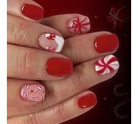 24 Piezas Holiday Glitter Nails Red Snowflake Candy Cane Diseños ABS Press On Manicure Christmas Party Cail Fals