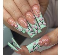 24 piezas largas cuadradas florales con punta francesa falsas, cubiertas completas adhesivas para entusiastas de la moda punta francesa