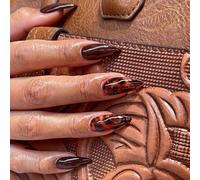 24 Piezas Marrón Rojizo Uñas Postizas Mediana Almendra, Francesas Press on Nails con Leopardo, Elegantes Brillantes Cubierta Completa Uñas Acrílicas, Reutilizables Puntas de Uñas para Mujeres Niñas