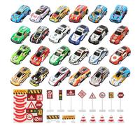 24 Piezas Mini Coches Plásticos para Niños, 6,8x3,3x1,8cm Coches para Niños con 15 Piezas Barricadas, Mini Coche Juguete Aptos para Regalos Infantiles