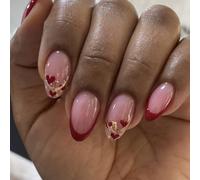24 piezas Mujer Día de Valentín Presione en las uñas Punta francesa de almendra corta Corazón Brillante Acabado brillante Cubiertas completas Uñas postizas Día de Valentín