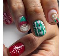 24 Piezas Navidad Uñas Postizas Cortas Cuadradas, Francesa Uñas Falsas Artificiales Bailarina Rojo Verde Press on Nails, Santa Claus Hombre de jengibre Diseño Acrílico Puntas de Uñas para Mujeres