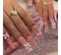 24 piezas postizas cuadradas largas con lazos y diamantes de imitación para mujer, personalizables, arte elegante