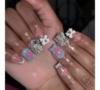 24 piezas Prensa brillante en las uñas con diamantes de imitación de encaje francés uñas falsas arcos cubiertas completas pegar en uñas para mujeres niñas