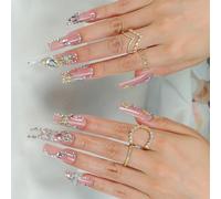 24 Piezas Prensa Cuadrado Largo En Uñas Con Lazos 3D Y Rhinestones Diseña Uñas Falsas Que Brillan Las Uñas