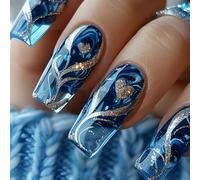 24 Piezas Prensa en Uñas Falsas Brillantes Artificiales Con Brillo Dorado Corazón Azul Cuadrado Arte Para Mujeres Y Niñas Elegante Prensa En Uñas