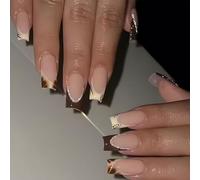 24 Piezas Prensa en Uñas Uñas postizas Cuadrado Rayas Brillantes Diseños Francés Puntas Brillante Palillo Uñas Manicura Para Mujeres