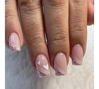 24 piezas punta francesa uñas falsas pulsador de cuadras medianas en las uñas Corazón rojo uñas falsas de color rosa desnudo en las uñas clavos extraíbles uñas cubiertas llenas uñas falsas chicas