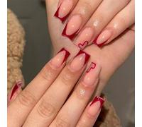 24 piezas punta francesa uñas falsas pulsador de cuadras medianas en las uñas Corazón rojo uñas falsas de color rosa desnudo en las uñas clavos extraíbles uñas cubiertas llenas uñas falsas chicas