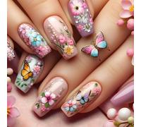 24 Piezas Rosa Uñas Postizas de Medianas Cuadradas, Francesas Uñas Falsas con Mariposas y Flores Diseño, Natural Uñas Acrílicas Press on Nails de Cubierta Completa para Mujeres y Niñas DIY Manicura