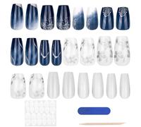 24 Piezas Uñas Falsas con Flores Prensadas, Flores en Degradado de Mármol Azul Kit Manicura con Uñas Postizas de Cobertura Total para Mujeres y Chicas