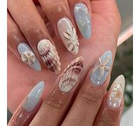 24 Piezas Uñas Postizas Almendra Medianas, Azul Blanco Uñas Falsas Artificiales, Francesa Concha & Estrella de Mar 3D Press on Nails, Cubierta Completa Uñas Acrilicas para Manicura de Salón DIY