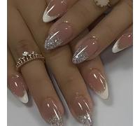 24 Piezas Uñas Postizas Almendra, Plata Brillantes Francesas Uñas Falsas Acrílico Natural de Cobertura Completa, Soft Gel Puntas de Uñas, Artificiales Nude Rosa Press on Nails para Mujeres y Niñas