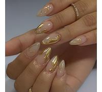 24 Piezas Uñas Postizas Almendra, Rosa Nude Francesas Uñas Falsas Acrílico Natural de Cobertura Completa, Rayas Doradas Soft Gel Puntas de Uñas, Artificiales Rosa Press on Nails para Mujeres y Niñas