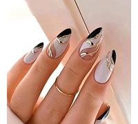 24 Piezas Uñas Postizas Bailarina Cortas Cuadradas Francesas Brillantes Artificiales Uñas Cobertura Total Uñas Falsas Acrílicas para Mujeres Niñas Decoración de Uñas en Salón Casa (Blanco Negro)