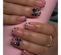 24 Piezas Uñas Postizas Cortas Cuadradas, Acrílico Rosa Uñas Falsas, Adhesivas Uñas con Diseños Lazo 3d Negro y Estampado de Leopardo, Natural Press on Nails para Mujeres y Niñas DIY Manicura