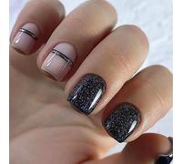 24 Piezas Uñas Postizas Cortas Cuadradas, Ballerina Uñas Falsas Lineas Negras Acrilicas Press on Nails, Artificiales Adhesivos de Uñas para Mujeres y Niñas, 12 Tamaños