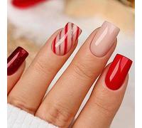 24 Piezas Uñas Postizas Cortas Cuadradas, Ballerina Uñas Falsas Rayas Rojas Acrilicas Press on Nails, Artificiales Adhesivos de Uñas para Mujeres y Niñas, 12 Tamaños
