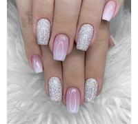 24 Piezas Uñas Postizas Cortas Cuadradas, Ballerina Uñas Falsas Rosa Degradado Brillante Acrilicas Press on Nails, Artificiales Adhesivos de Uñas para Mujeres y Niñas, 12 Tamaños