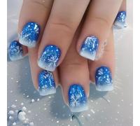 24 Piezas Uñas Postizas Cortas Cuadradas, Francesas Acrílico Azul Uñas Falsas, Cubierta Completa Adhesivas Uñas con Diseño de Copos de Nieve Blancos, Natural Press on Nails para Mujeres y Niñas