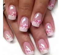 24 Piezas Uñas Postizas Cortas Cuadradas, Francesas Rosa Flores Uñas Falsas Naturales, 12 Tamaños Acrílico Press on Nails, Adhesivas Puntas de Uñas de Cobertura Total para Mujeres y Niñas