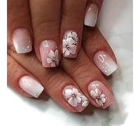 24 Piezas Uñas Postizas Cortas, Francesas Rosa Flores Uñas Falsas Artificiales, 12 Tamaños Press on Nails Naturales de Cobertura Completa Acrílicas Adhesivas Uñas para Mujeres y Niñas