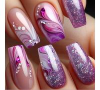 24 Piezas Uñas Postizas Cuadradas, 12 Tamaños Acrílicas Fake nail con Diseño de Pedrería, Francesas Cielo Estrellado Morado Artificial Tips Uñas, Brillante Press on Nails para Mujeres y Niñas