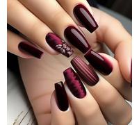 24 Piezas Uñas Postizas de Medianas Cuadradas, Color Rojo Francesas Uñas Falsas, Color Sólido Uñas Acrílicas con Flores, Naturales Press on Nails de Cubierta Completa para Mujeres DIY Manicura