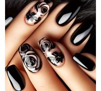 24 Piezas Uñas Postizas de Medianas Cuadradas, Negra Flores Francesas Uñas Falsas, Natural Uñas Acrílicas Press on Nails de Cubierta Completa para Mujeres y Niñas DIY Manicura