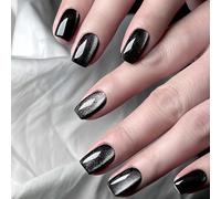 24 Piezas Uñas Postizas Francesas, 12 Tamaños Cortas Cuadradas Adhesivas Uñas Negro Ojo de Gato Press on Nails, Brillantes Unas Falsas Naturales de Cobertura Completa para Mujeres Niñas
