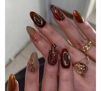 24 Piezas Uñas Postizas Francesas Almendra, 3D Ondas Uñas Falsas Acrilicas, Medio Press on Nails con Diseño de Alas de Mariposa, Naturales Reutilizables Uñas Artificiales para Mujeres y Niñas