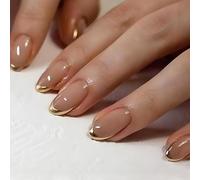 24 Piezas Uñas Postizas Francesas Almendra, Nude Rosa Uñas Falsas Acrilicas de Cobertura Completa, Press on Nails con Diseño de Borde Dorado, Naturales Uñas Artificiales para Mujeres y Niñas