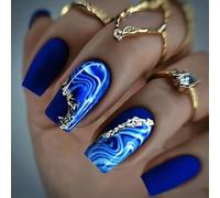 24 Piezas Uñas Postizas Medianas Cuadradas, 12 Tamaños Olas Azules Fake Nail, Francesas Brillantes Fake Nails, Soft Gel Naturales Press on Nails para Salones Manicuras DIY