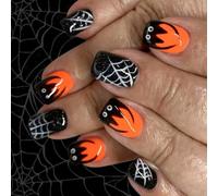 24 puntas artificiales cuadradas cortas con patrón de telaraña negra para Halloween, diseño floral francés, no necesita herramientas, uñas cortas cuadradas brillantes