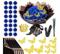 24 ramos de rosas artificiales con purpurina para el día de San Valentín, ramo de rosas artificiales con corona para regalos, bodas, aniversarios, compromisos, cumpleaños, día de la madre (azul oscuro