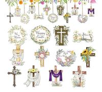 24 religiosos para árbol de Pascua, Cruz de Jesús, Recortes de Madera con Texto en inglés He is Risen, Decoraciones de Pascua para árbol pequeño, decoración de Interiores y hogar