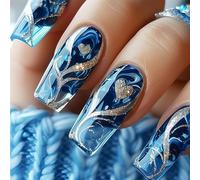 24 Stk Uñas Presionables Azules con Curva Dorada, Medianas Cuadradas Acrílicas para Mujeres, Chicas Fiesta & Uso Diario