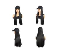 24" Synthetic Hair Extension Attached Baseball Cap Long Straight Wig Black Hat Hairpiece Wig for Women Wiglets(Natural Black)