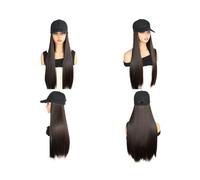 24" Synthetic Hair Extension Attached Baseball Cap Long Straight Wig Black Hat Hairpiece Wig for Women Wiglets(Brown black)