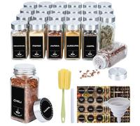 24 tarros de especias de vidrio cuadrado de 120 ml con inserto de aspersor - Tarros de especias cocina con etiquetas, embudo, rotulador y cepillo - Caja de especias para almacenamiento de cocina, tapa