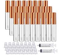 24 tubos transparentes con punta de pincel para brillo de labios y 2 jeringas de plástico, tubos rellenables para maquillaje (10 ml, tapa oro rosa)