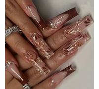 24 Uds. De Uñas Postizas De Ataúd Largo Patrón Floral Francés Brillante Postizas Brillantes Para Otoño E Invierno Fácil Aplicación Prensa Sobre Las