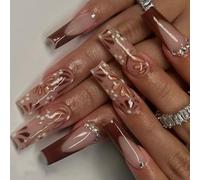 24 Uds. De Uñas Postizas De Ataúd Largo Patrón Floral Francés Brillante Postizas Brillantes Para Otoño E Invierno Fácil Aplicación Prensa Sobre Las