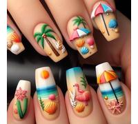 24 Uds. De Uñas Prensadas Con Diseños Playa Puntas Arte Francés Falsas Ballet Cubiertas Completas Para Mujeres Uñas Vibrantes Verano