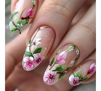 24 Uds Elegantes Uñas Artificiales Sencillas Flores Prensa En Uñas Palillo De Almendra En Las Uñas Elegantes Uñas Falsas Para Fiesta