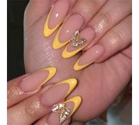 24 Uds Mariposa Uñas Artificiales Punta Francesa Amarilla Para Imprimir Las Uñas Forma De Almendra Para Pegar En Las Uñas Brillante Artificial Uñas