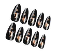 24 Uds. Prensa gótica en forma de almendra negra en las uñas de encaje francés con diseños de luna de estrella para ocio o fiesta