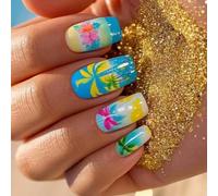24 Uds Uñas Artificiales Cuadradas Cubiertas Completas Uñas Falsas Palillo Brillante En Las Uñas Prensa De Árbol De Coco En Las Uñas
